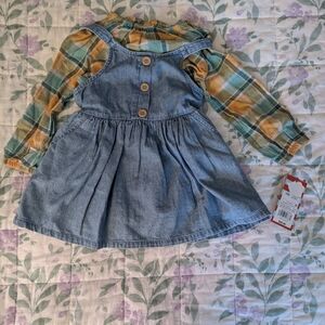 Cat & Jack 18M Girls Jean Dress Set W/ Plaid Long Sleeve Shirt And Orange Bottom